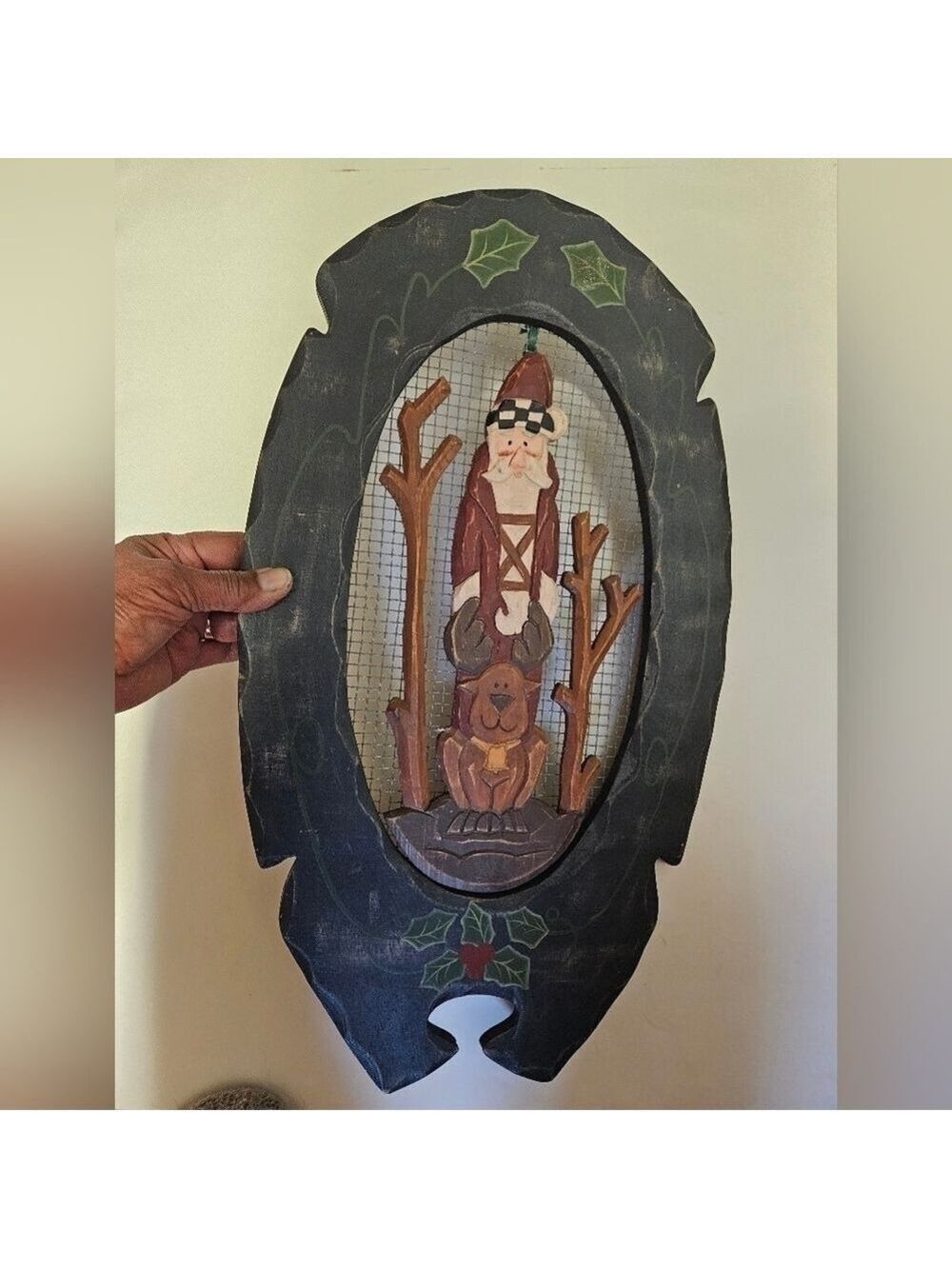 Vintage 90s Handmade Wooden St Nick Wall Decor